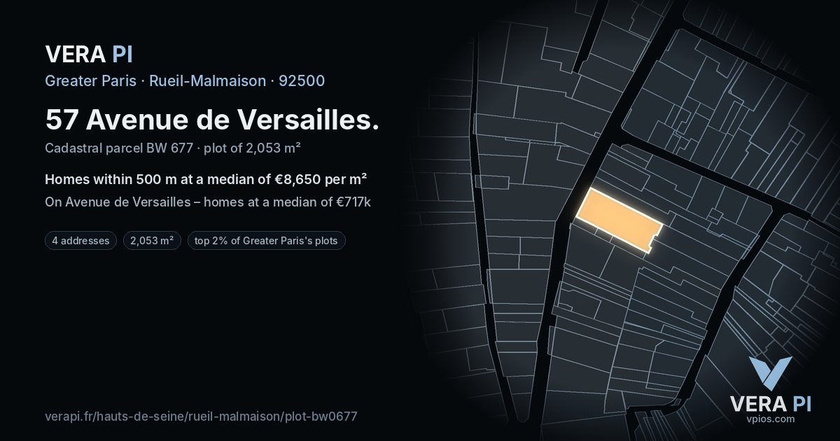 57 Avenue de Versailles, Rueil-Malmaison at night – the plot lit, the parcels around coloured by the prices near them
