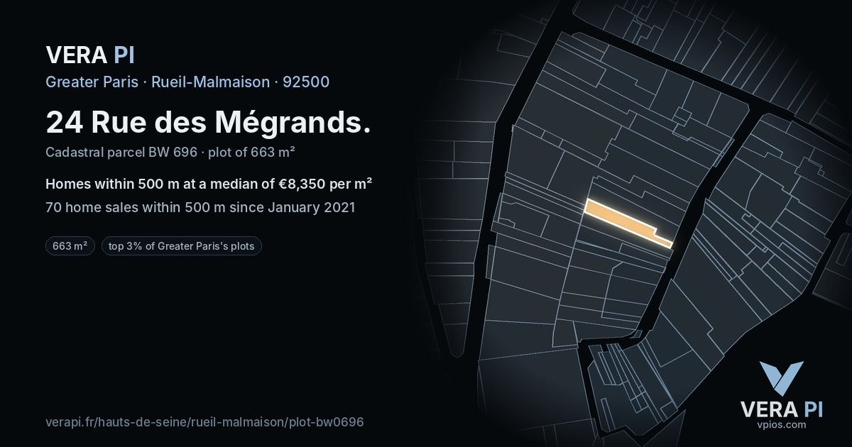24 Rue des Mégrands, Rueil-Malmaison at night – the plot lit, the parcels around coloured by the prices near them