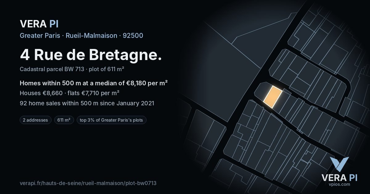 4 Rue de Bretagne, Rueil-Malmaison at night – the plot lit, the parcels around coloured by the prices near them
