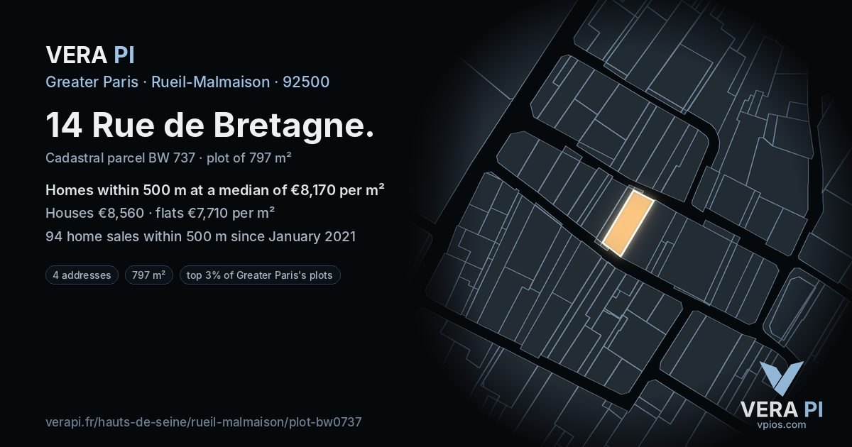 14 Rue de Bretagne, Rueil-Malmaison at night – the plot lit, the parcels around coloured by the prices near them