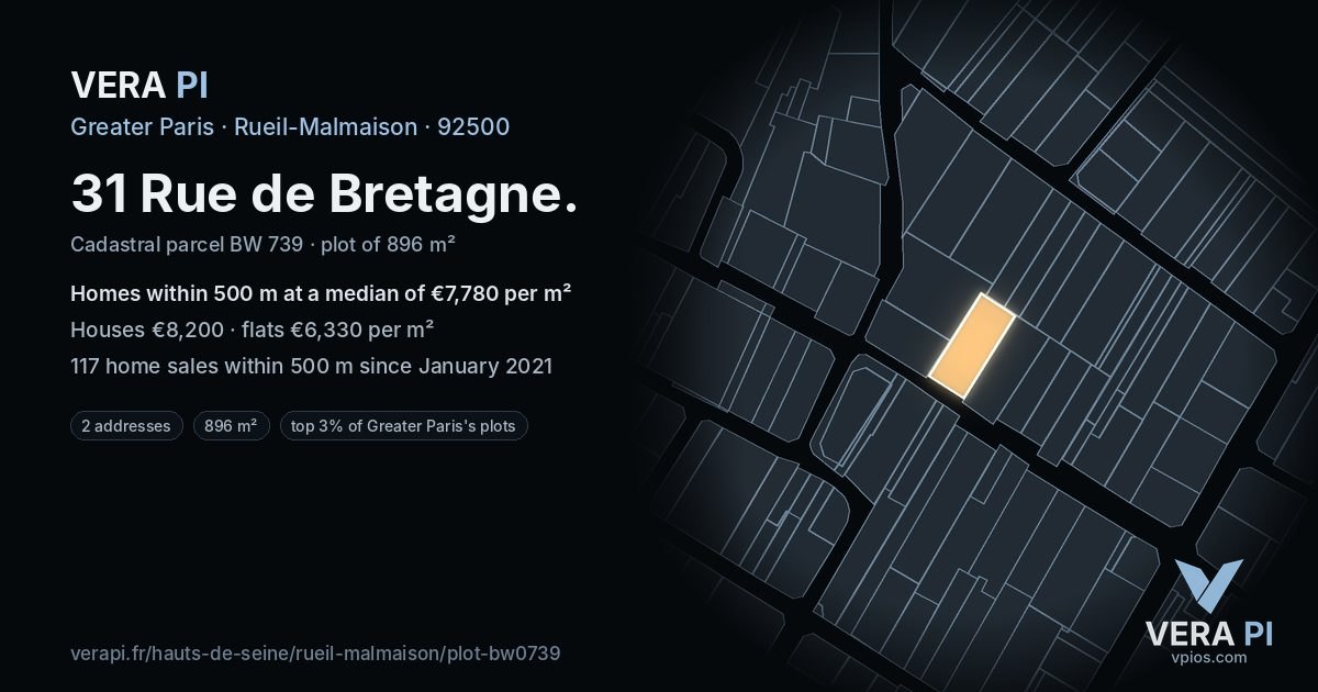 31 Rue de Bretagne, Rueil-Malmaison at night – the plot lit, the parcels around coloured by the prices near them