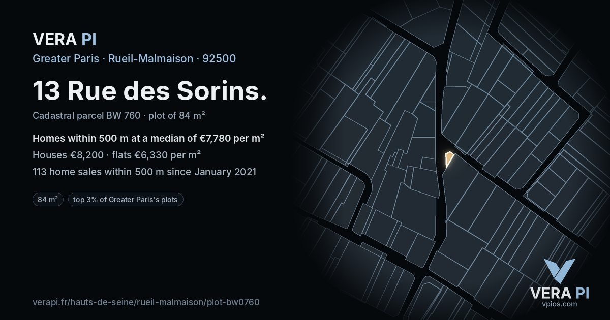 13 Rue des Sorins, Rueil-Malmaison at night – the plot lit, the parcels around coloured by the prices near them