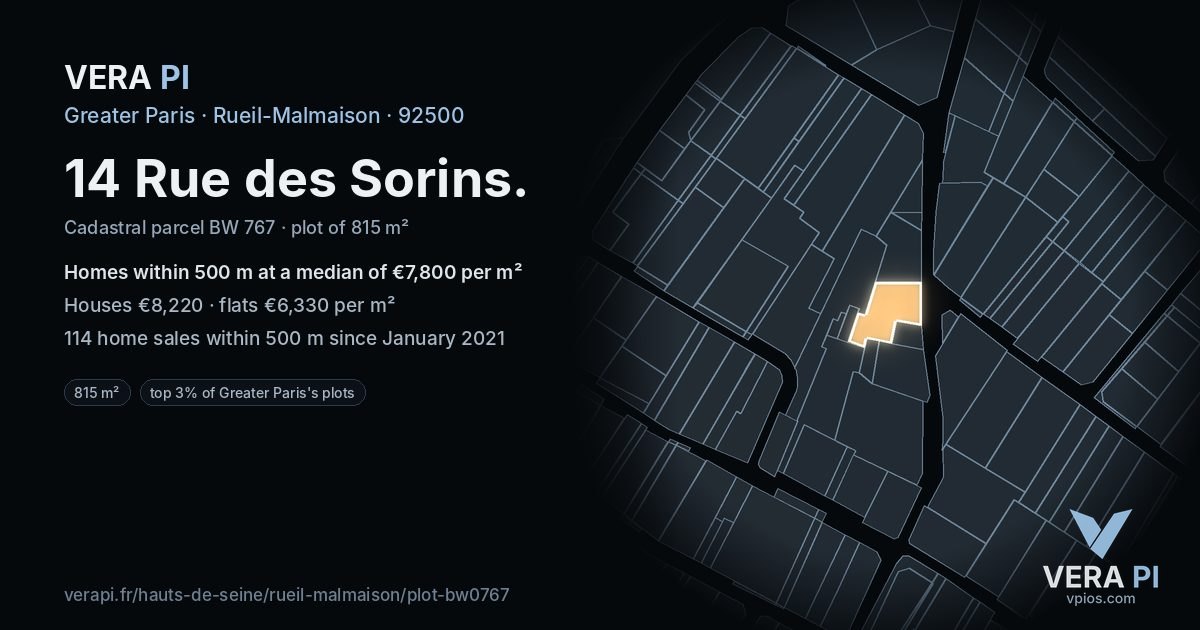 14 Rue des Sorins, Rueil-Malmaison at night – the plot lit, the parcels around coloured by the prices near them