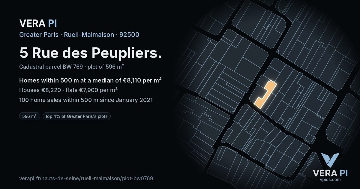 5 Rue des Peupliers, Rueil-Malmaison at night – the plot lit, the parcels around coloured by the prices near them
