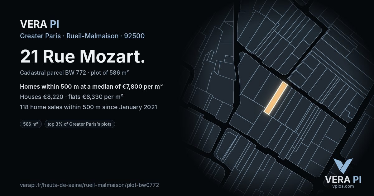 21 Rue Mozart, Rueil-Malmaison at night – the plot lit, the parcels around coloured by the prices near them