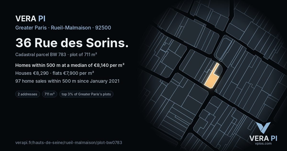 36 Rue des Sorins, Rueil-Malmaison at night – the plot lit, the parcels around coloured by the prices near them