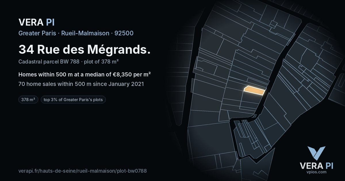 34 Rue des Mégrands, Rueil-Malmaison at night – the plot lit, the parcels around coloured by the prices near them