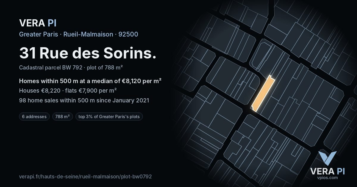 31 Rue des Sorins, Rueil-Malmaison at night – the plot lit, the parcels around coloured by the prices near them