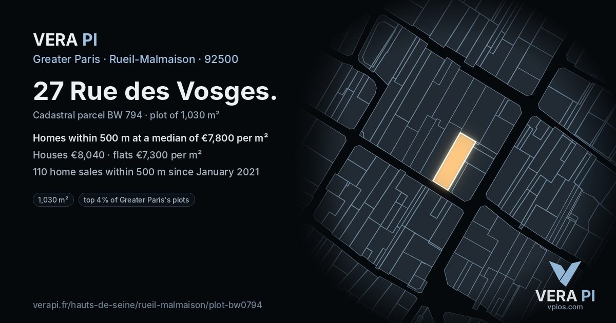 27 Rue des Vosges, Rueil-Malmaison at night – the plot lit, the parcels around coloured by the prices near them