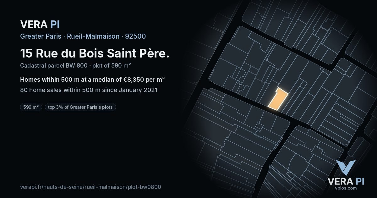 15 Rue du Bois Saint Père, Rueil-Malmaison at night – the plot lit, the parcels around coloured by the prices near them