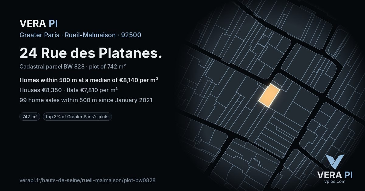 24 Rue des Platanes, Rueil-Malmaison at night – the plot lit, the parcels around coloured by the prices near them
