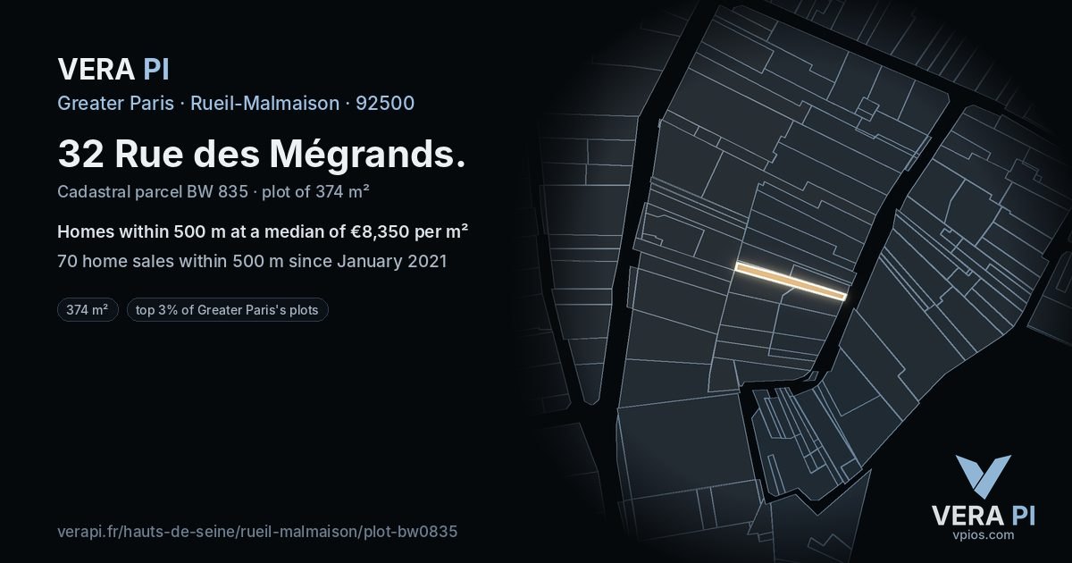 32 Rue des Mégrands, Rueil-Malmaison at night – the plot lit, the parcels around coloured by the prices near them