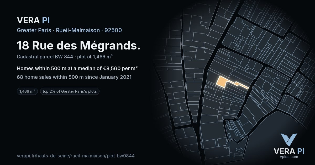 18 Rue des Mégrands, Rueil-Malmaison at night – the plot lit, the parcels around coloured by the prices near them