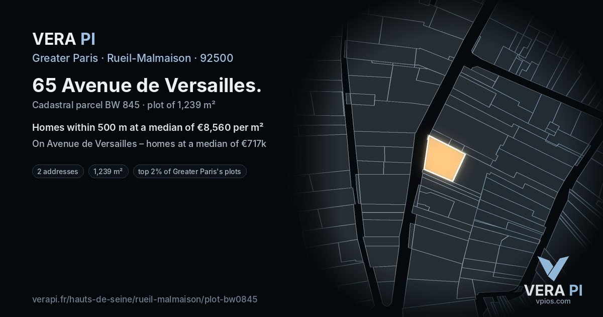 65 Avenue de Versailles, Rueil-Malmaison at night – the plot lit, the parcels around coloured by the prices near them