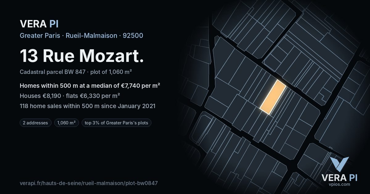 13 Rue Mozart, Rueil-Malmaison at night – the plot lit, the parcels around coloured by the prices near them