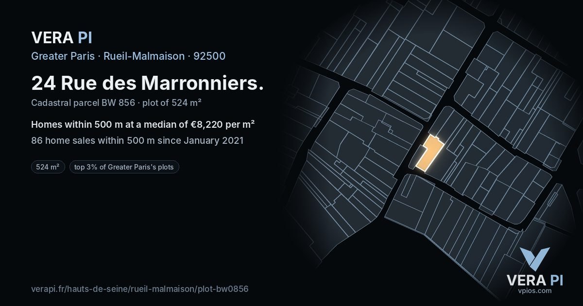 24 Rue des Marronniers, Rueil-Malmaison at night – the plot lit, the parcels around coloured by the prices near them