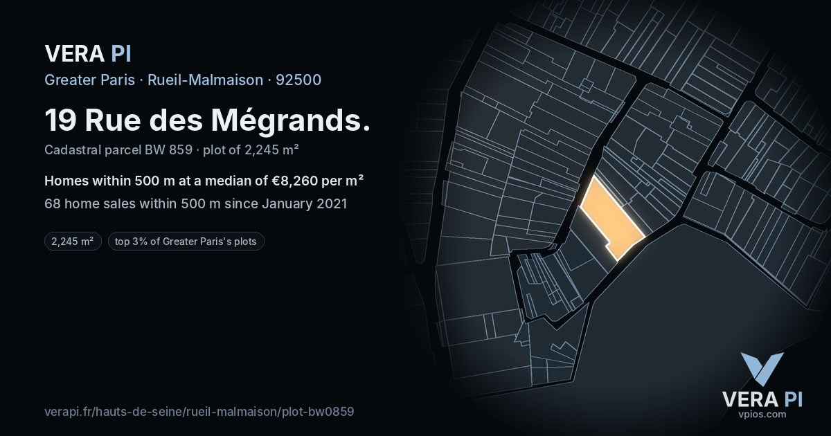 19 Rue des Mégrands, Rueil-Malmaison at night – the plot lit, the parcels around coloured by the prices near them