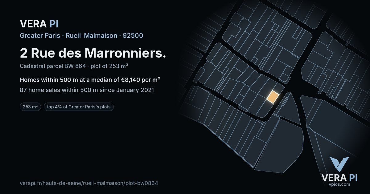 2 Rue des Marronniers, Rueil-Malmaison at night – the plot lit, the parcels around coloured by the prices near them