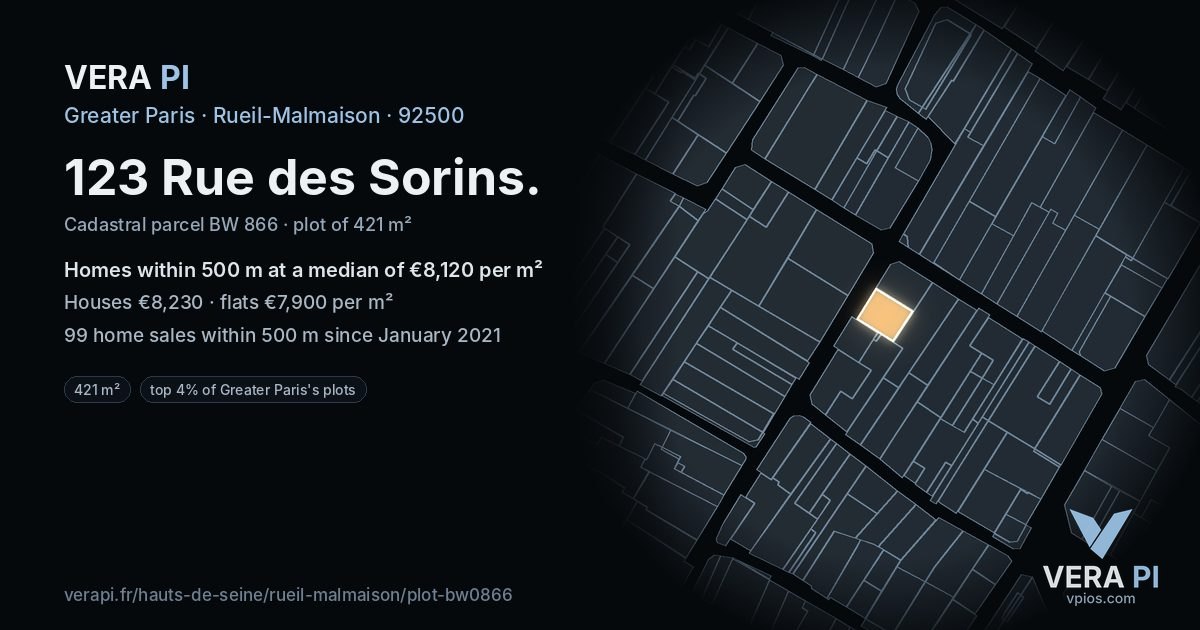 123 Rue des Sorins, Rueil-Malmaison at night – the plot lit, the parcels around coloured by the prices near them