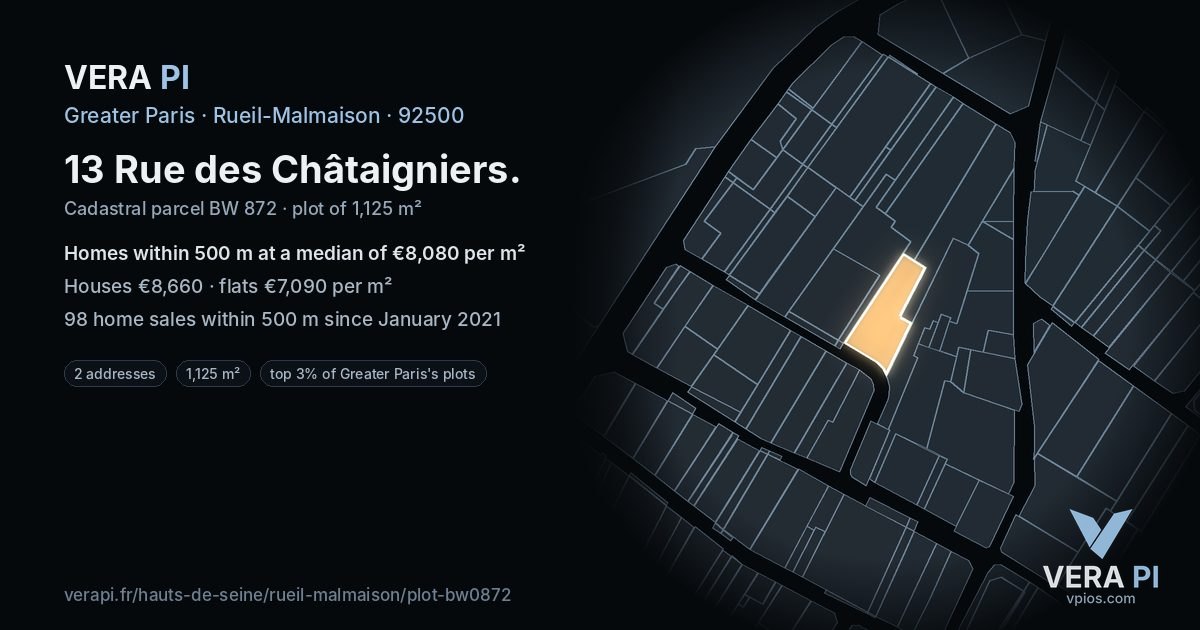 13 Rue des Châtaigniers, Rueil-Malmaison at night – the plot lit, the parcels around coloured by the prices near them