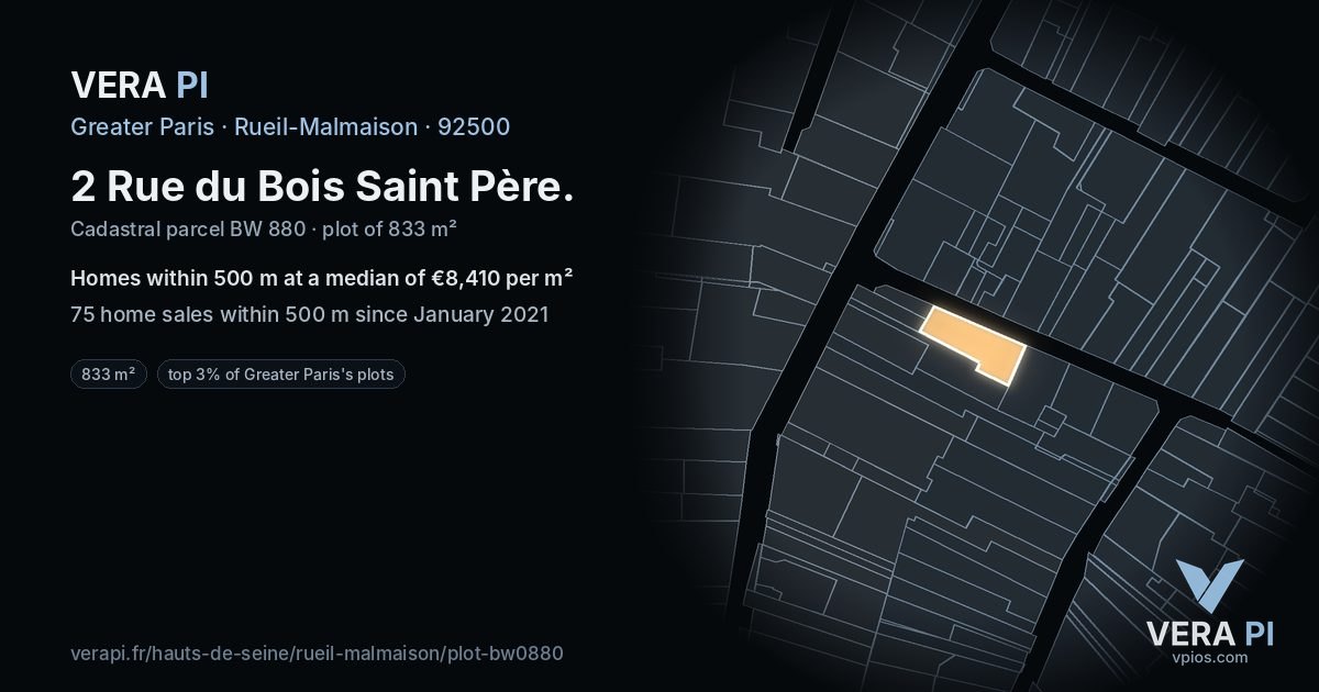 2 Rue du Bois Saint Père, Rueil-Malmaison at night – the plot lit, the parcels around coloured by the prices near them