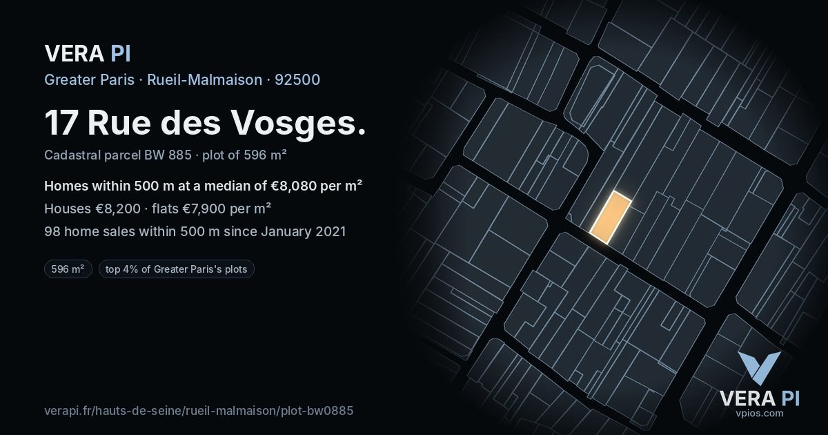 17 Rue des Vosges, Rueil-Malmaison at night – the plot lit, the parcels around coloured by the prices near them