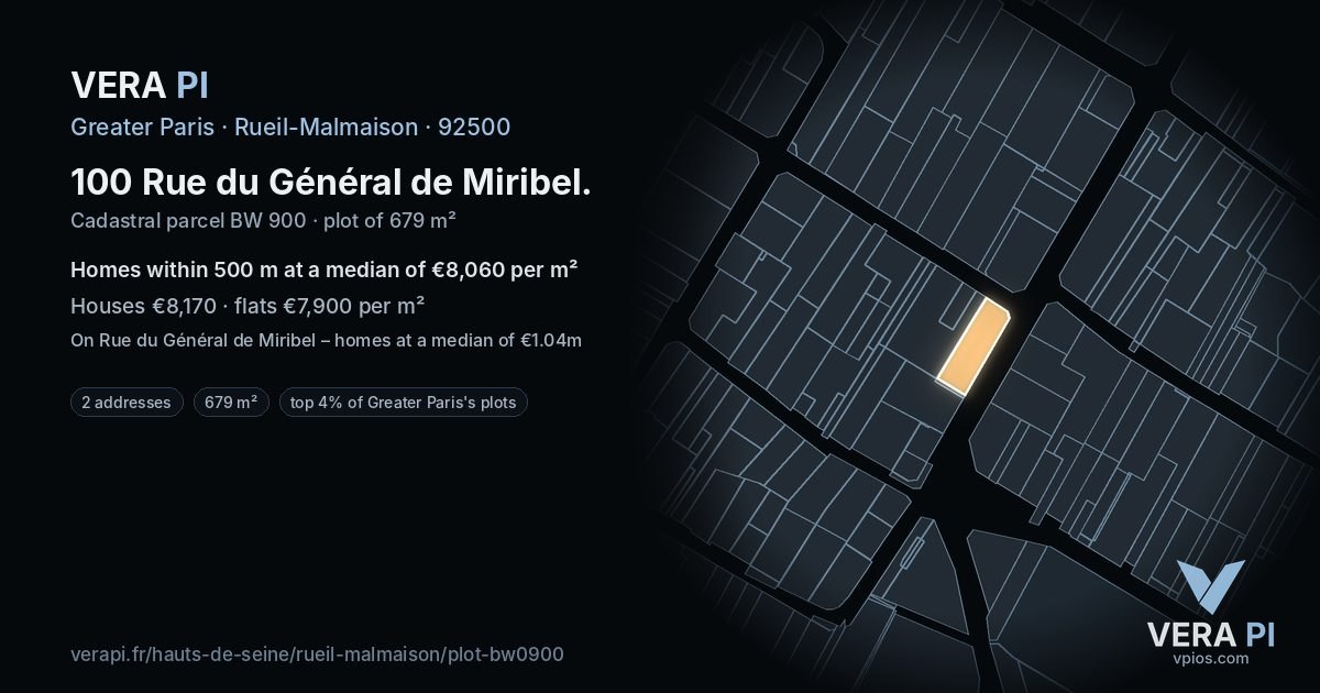 100 Rue du Général de Miribel, Rueil-Malmaison at night – the plot lit, the parcels around coloured by the prices near them