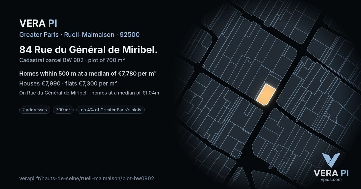 84 Rue du Général de Miribel, Rueil-Malmaison at night – the plot lit, the parcels around coloured by the prices near them