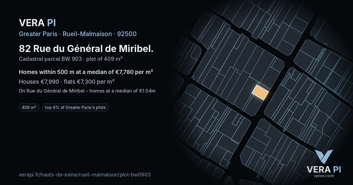 82 Rue du Général de Miribel, Rueil-Malmaison at night – the plot lit, the parcels around coloured by the prices near them