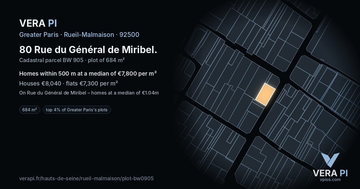 80 Rue du Général de Miribel, Rueil-Malmaison at night – the plot lit, the parcels around coloured by the prices near them