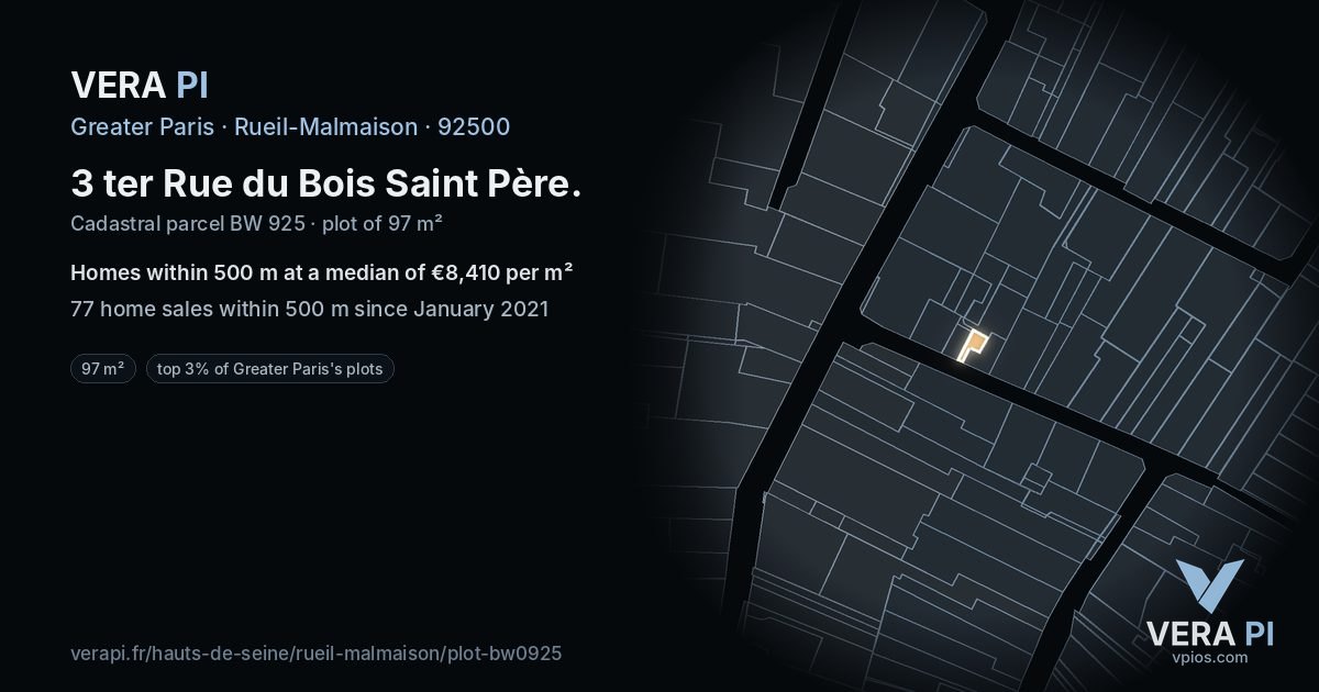 3 ter Rue du Bois Saint Père, Rueil-Malmaison at night – the plot lit, the parcels around coloured by the prices near them