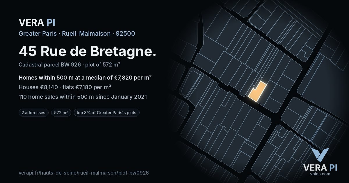 45 Rue de Bretagne, Rueil-Malmaison at night – the plot lit, the parcels around coloured by the prices near them