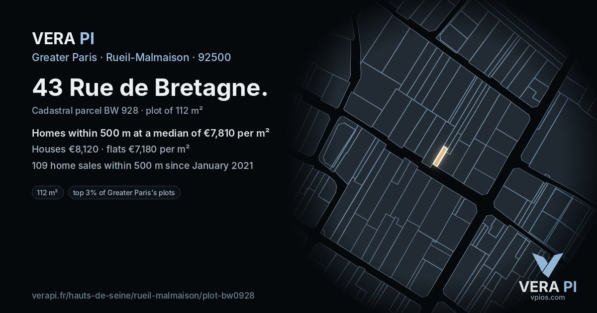 43 Rue de Bretagne, Rueil-Malmaison at night – the plot lit, the parcels around coloured by the prices near them