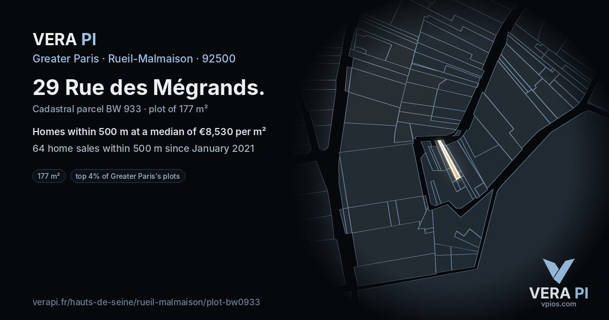 29 Rue des Mégrands, Rueil-Malmaison at night – the plot lit, the parcels around coloured by the prices near them