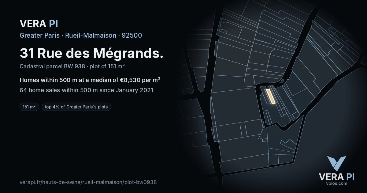 31 Rue des Mégrands, Rueil-Malmaison at night – the plot lit, the parcels around coloured by the prices near them