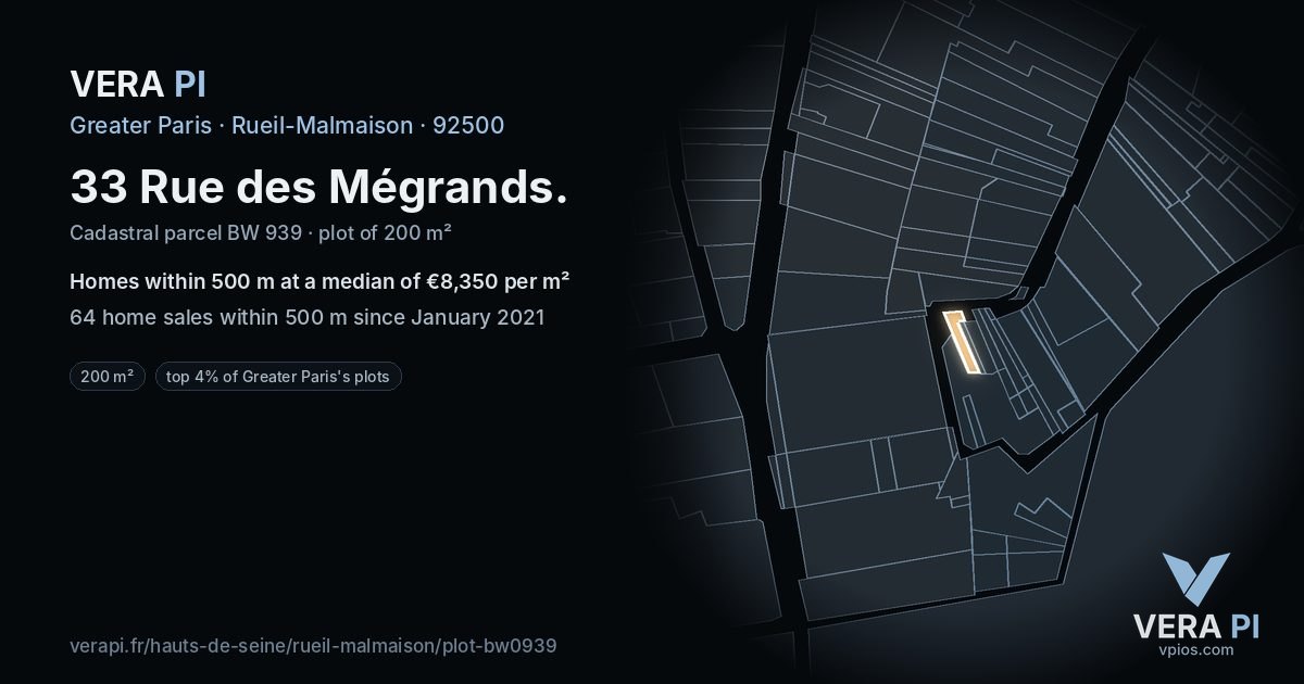33 Rue des Mégrands, Rueil-Malmaison at night – the plot lit, the parcels around coloured by the prices near them