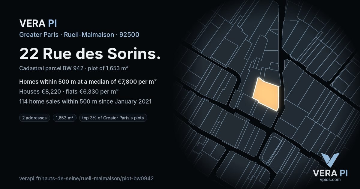 22 Rue des Sorins, Rueil-Malmaison at night – the plot lit, the parcels around coloured by the prices near them