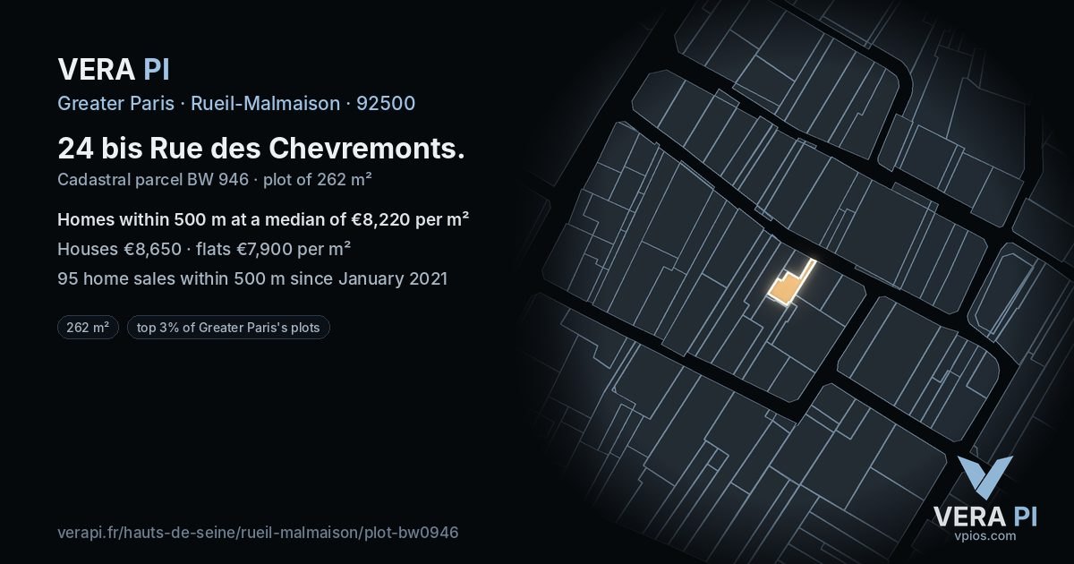 24 bis Rue des Chevremonts, Rueil-Malmaison at night – the plot lit, the parcels around coloured by the prices near them