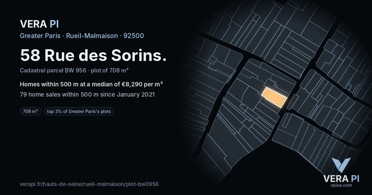 58 Rue des Sorins, Rueil-Malmaison at night – the plot lit, the parcels around coloured by the prices near them