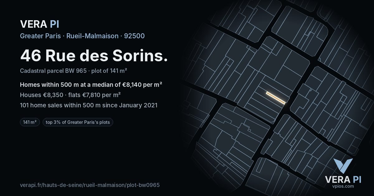46 Rue des Sorins, Rueil-Malmaison at night – the plot lit, the parcels around coloured by the prices near them