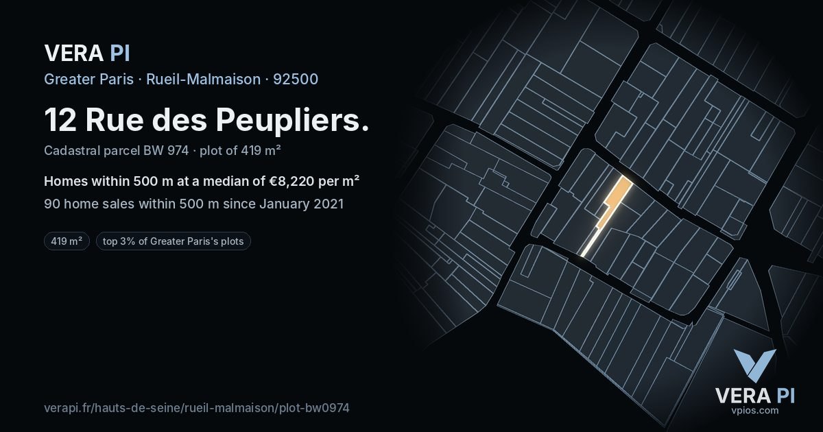12 Rue des Peupliers, Rueil-Malmaison at night – the plot lit, the parcels around coloured by the prices near them