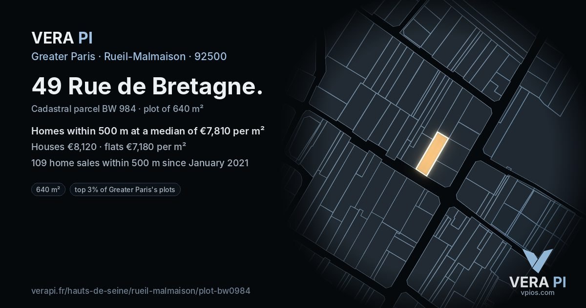 49 Rue de Bretagne, Rueil-Malmaison at night – the plot lit, the parcels around coloured by the prices near them