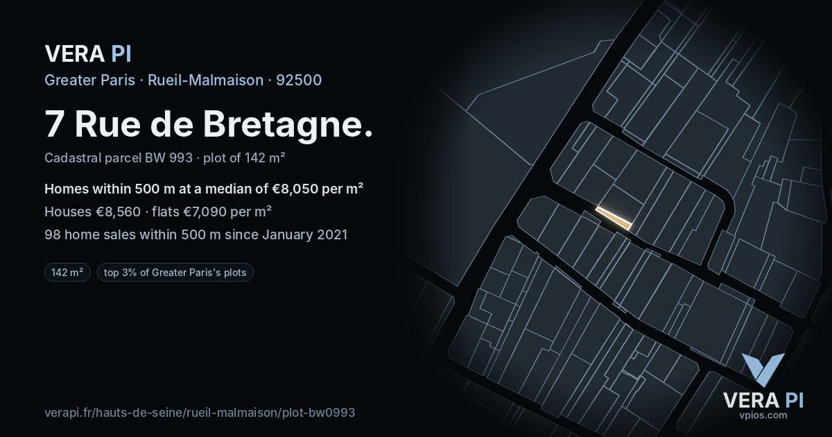 7 Rue de Bretagne, Rueil-Malmaison at night – the plot lit, the parcels around coloured by the prices near them