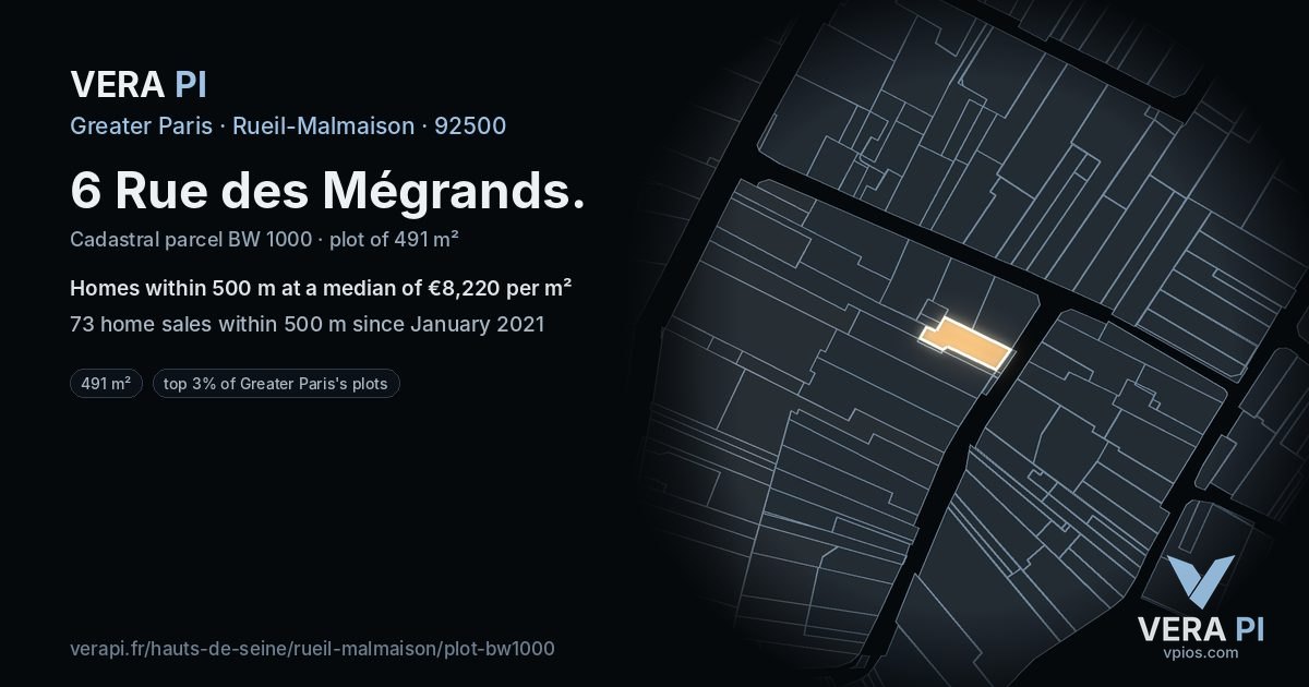 6 Rue des Mégrands, Rueil-Malmaison at night – the plot lit, the parcels around coloured by the prices near them