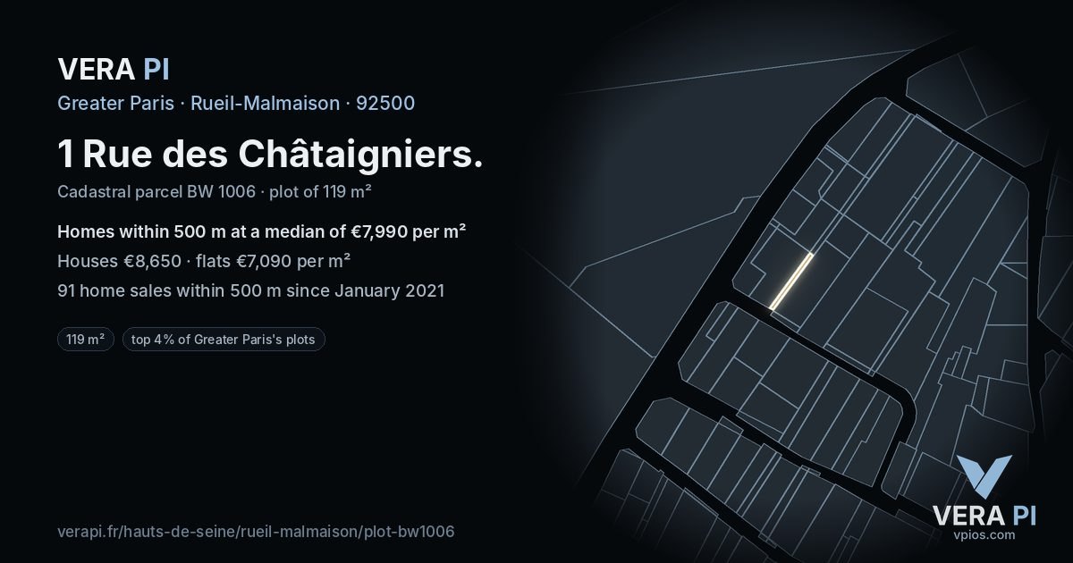 1 Rue des Châtaigniers, Rueil-Malmaison at night – the plot lit, the parcels around coloured by the prices near them