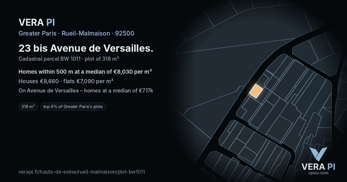 23 bis Avenue de Versailles, Rueil-Malmaison at night – the plot lit, the parcels around coloured by the prices near them
