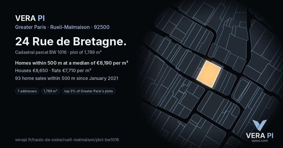 24 Rue de Bretagne, Rueil-Malmaison at night – the plot lit, the parcels around coloured by the prices near them