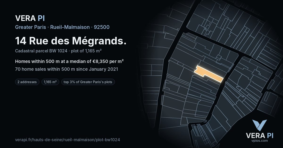 14 Rue des Mégrands, Rueil-Malmaison at night – the plot lit, the parcels around coloured by the prices near them