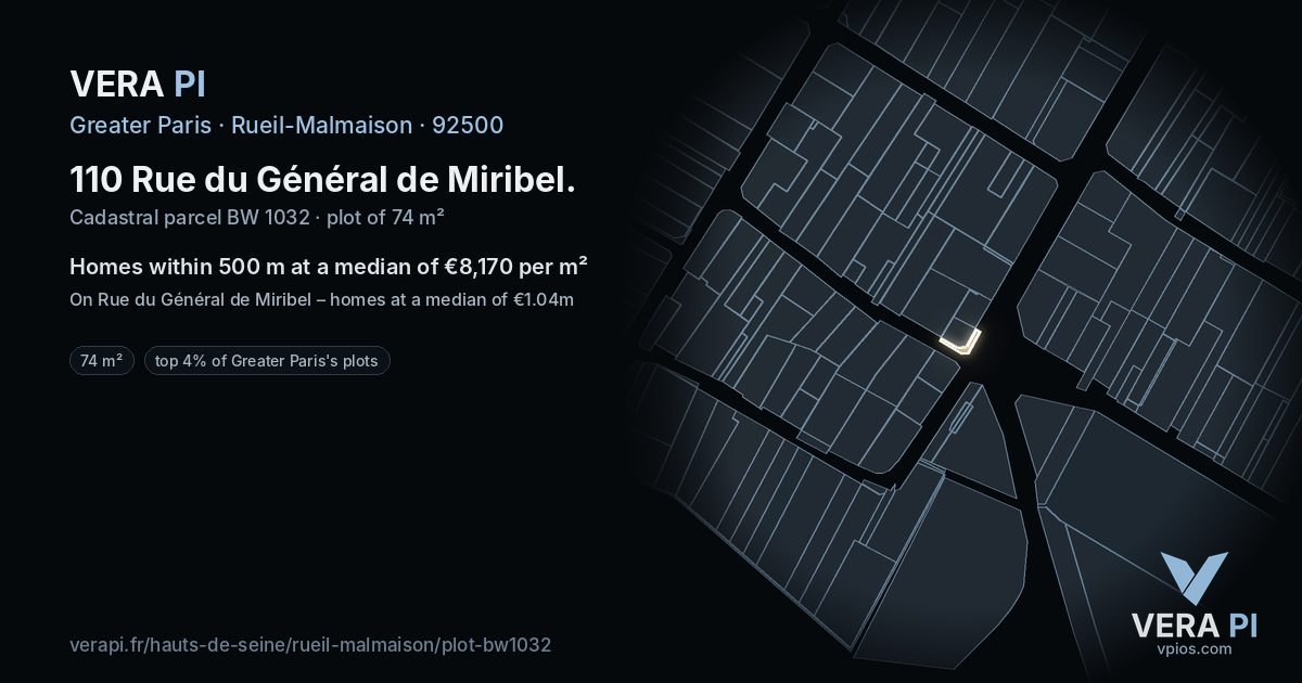 110 Rue du Général de Miribel, Rueil-Malmaison at night – the plot lit, the parcels around coloured by the prices near them