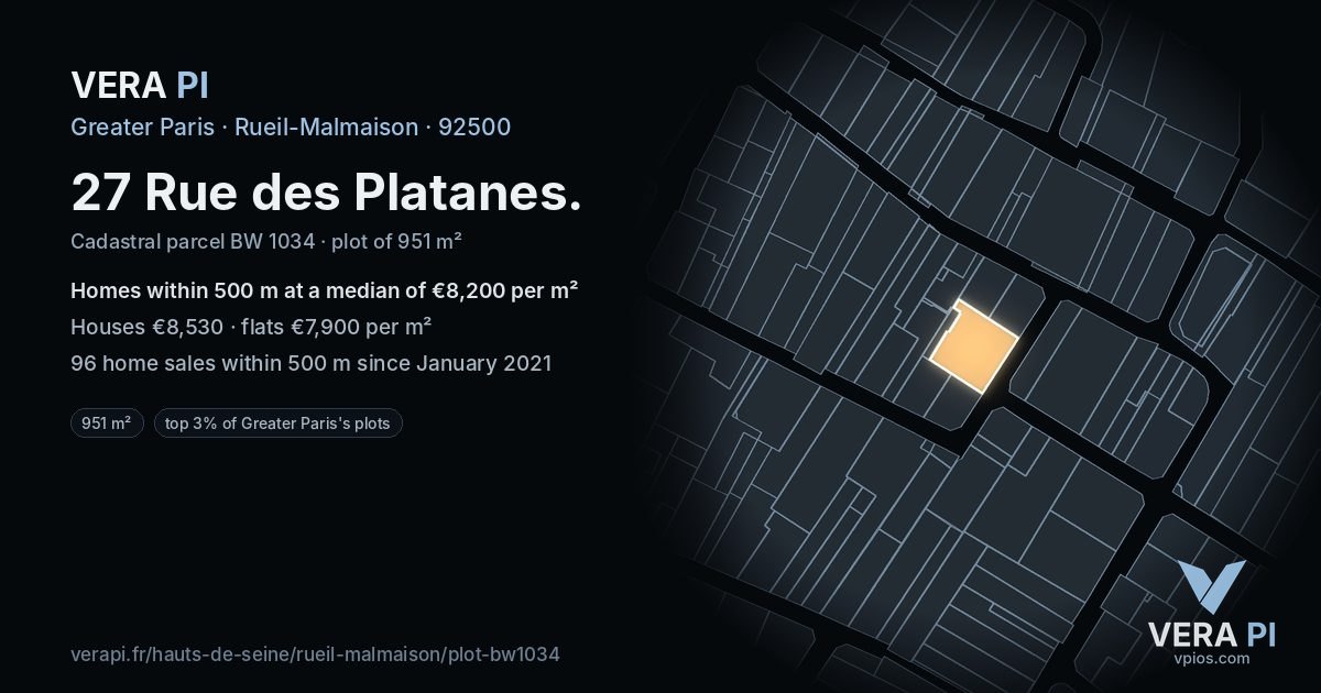 27 Rue des Platanes, Rueil-Malmaison at night – the plot lit, the parcels around coloured by the prices near them